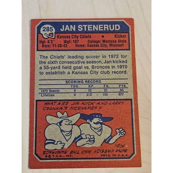 Topps 1973 Jan Stenerud Card #285 Kansas City Chiefs Montana State - Picture 2 of 2
